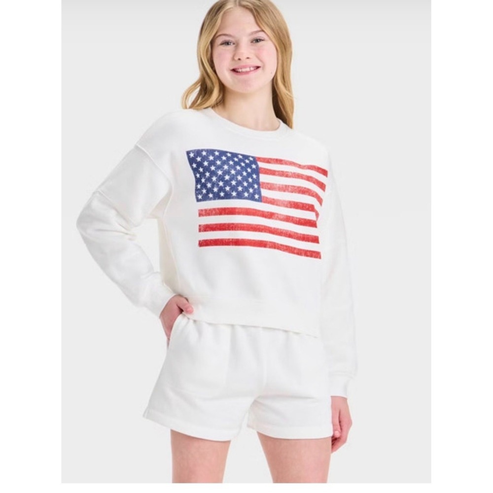 Art Class Girls American Flag Cropped Sweatshirt White Size 10/12 EUC Patriotic